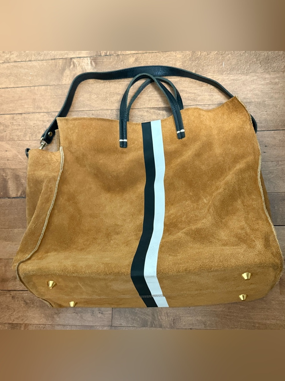 Clare V Tan Suede Tote with Black and Cream Stripe - Picture 4 of 10